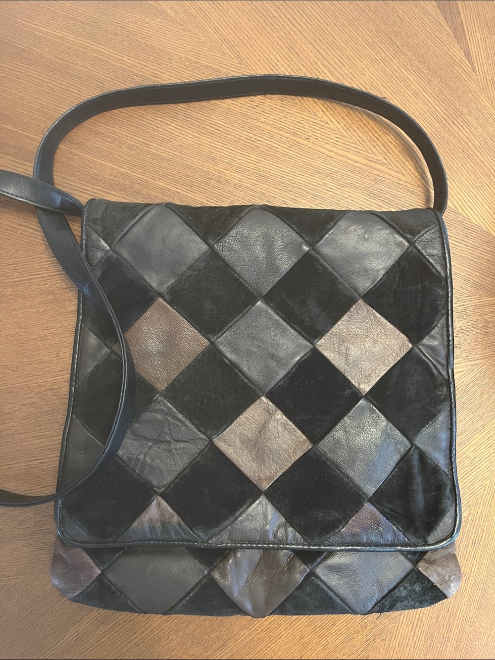 Vintage Patchwork Leather and Suede Crossbody Bag Browns and Black